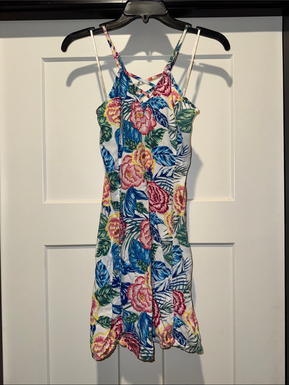 Tropical Floral Strappy Sundress - White Base with Pink, Blue & Green